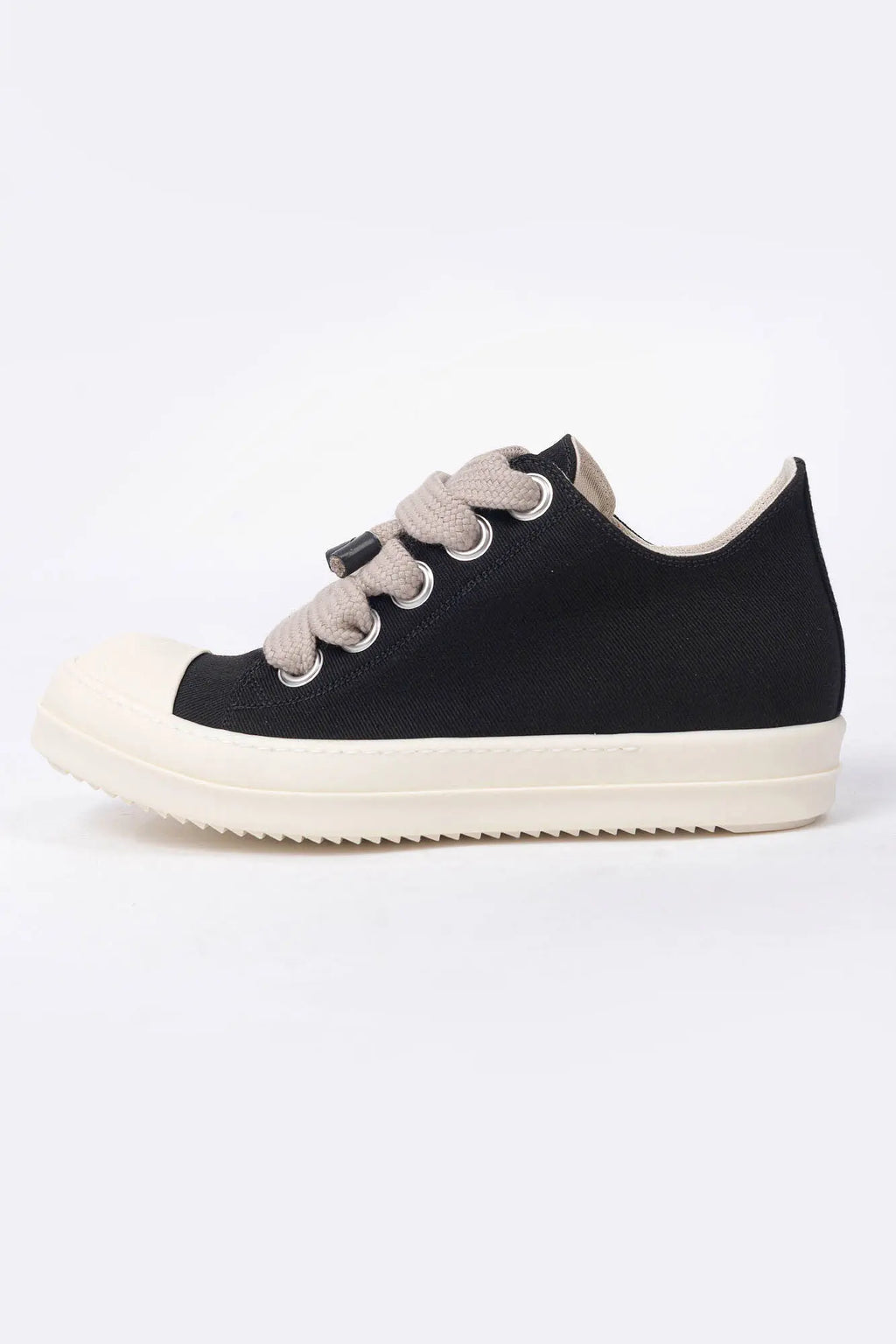 Rick Owens DRKSHDW, Mens Sneakers, Black Milk, Denim Sneakers with Rubber Soles, Jumbo Laces, Big Laces, Lace-up low top, White Rubber, DRKSHDW Lettering on insoles, Silver-Tone Details, Side View. 