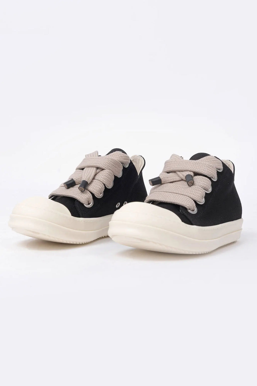 Rick Owens DRKSHDW, Mens Sneakers, Black Milk, Denim Sneakers with Rubber Soles, Jumbo Laces, Big Laces, Lace-up low top, White Rubber, DRKSHDW Lettering on insoles, Silver-Tone Details, Front 3/4 View. 