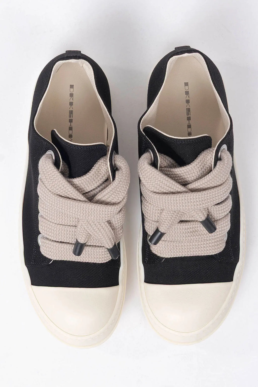 Rick Owens DRKSHDW, Mens Sneakers, Black Milk, Denim Sneakers with Rubber Soles, Jumbo Laces, Big Laces, Lace-up low top, White Rubber, DRKSHDW Lettering on insoles, Silver-Tone Details, Top-Down View. 