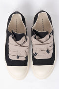 Rick Owens DRKSHDW, Mens Sneakers, Black Milk, Denim Sneakers with Rubber Soles, Jumbo Laces, Big Laces, Lace-up low top, White Rubber, DRKSHDW Lettering on insoles, Silver-Tone Details, Top-Down View. 