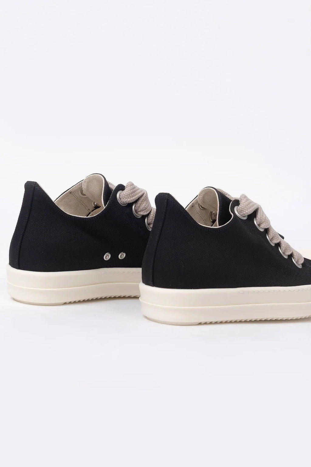 Rick Owens DRKSHDW, Mens Sneakers, Black Milk, Denim Sneakers with Rubber Soles, Jumbo Laces, Big Laces, Lace-up low top, White Rubber, DRKSHDW Lettering on insoles, Silver-Tone Details, Back 3/4 View. 