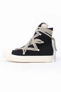 Rick Owens, Mens Shoes, Black Milk, White, Off-White, High Top Sneakers, Side Zipper Shoes, Side Zipper Sneakers, Megalace, Long Laces, Black Denim, Rubber Outsole, Side View. 