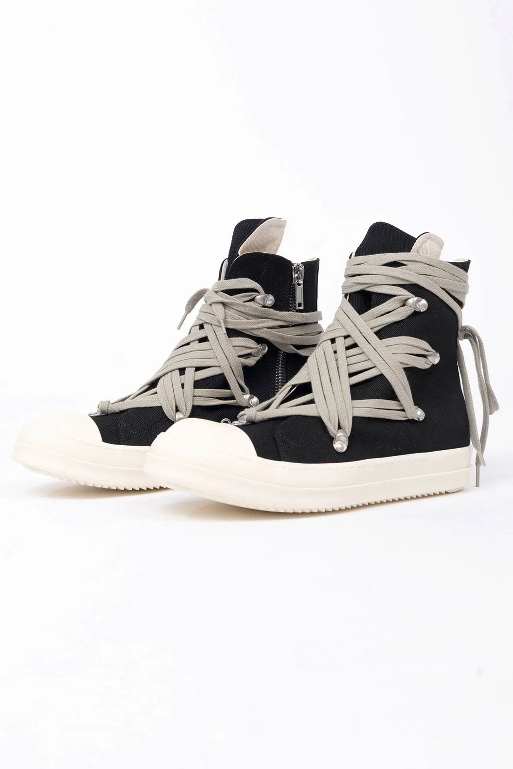 Rick Owens, Mens Shoes, Black Milk, White, Off-White, High Top Sneakers, Side Zipper Shoes, Side Zipper Sneakers, Megalace, Long Laces, Black Denim, Rubber Outsole, Front 3/4 View. 