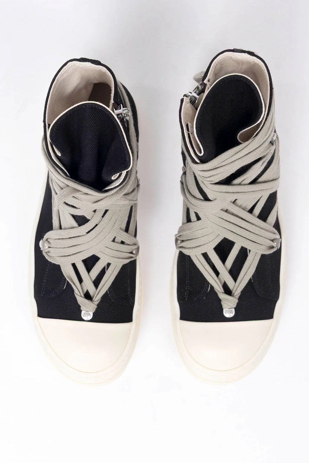 Rick Owens, Mens Shoes, Black Milk, White, Off-White, High Top Sneakers, Side Zipper Shoes, Side Zipper Sneakers, Megalace, Long Laces, Black Denim, Rubber Outsole, Top-Down View. 