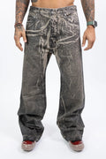 Rick Owens,Mens Jeans,Wide Fit,Mid-Rise,Full Length,Concealed Zipper Fly With Top Button,Waistband With Belt Loops,Pocket Rivets,Rear Patch Pockets And Topstitching,Medium-Weight Washed Foil Denim , 13OZ JP Black And Natural Denim,Front View.