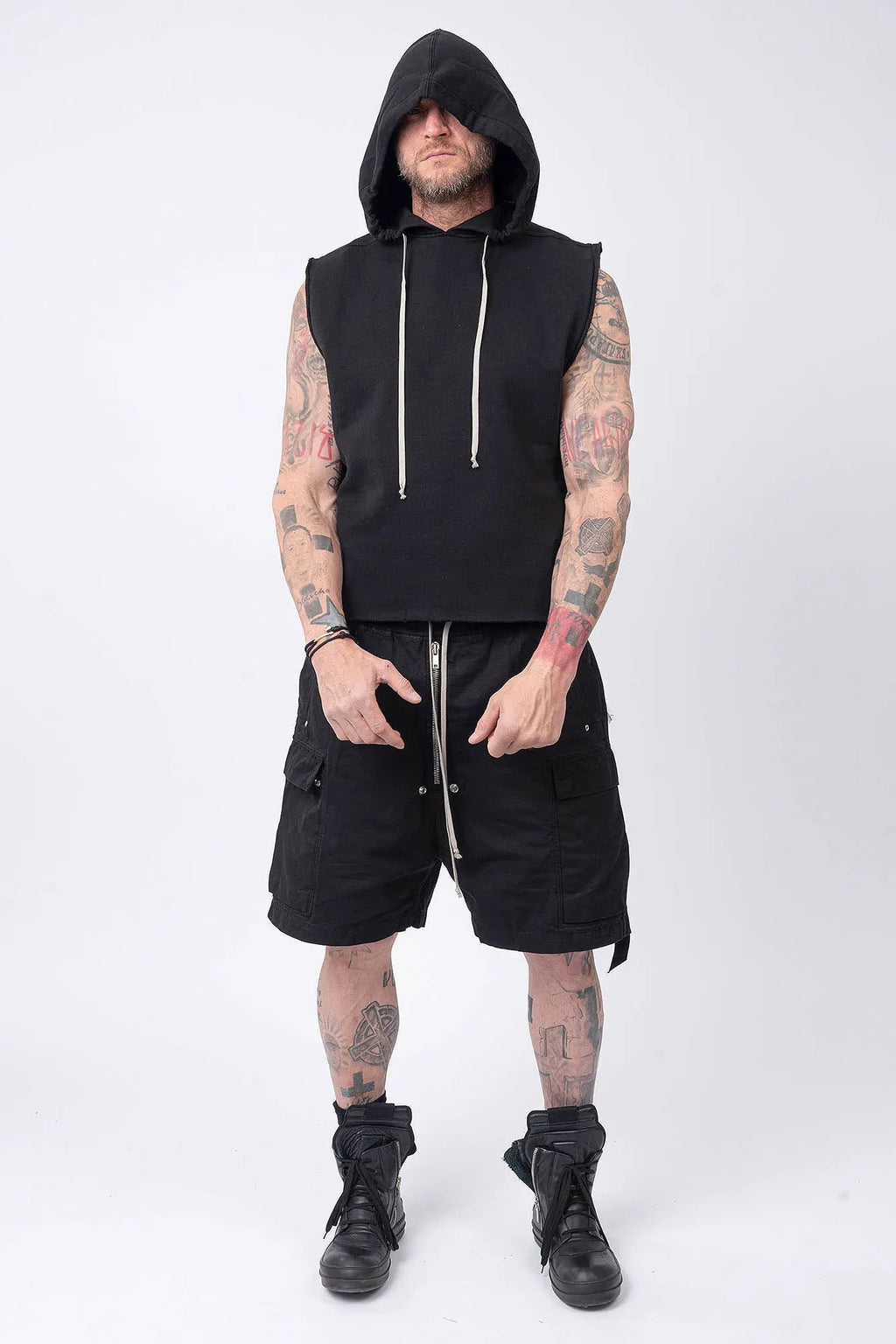 Rick Owens, Mens Temple Tunic,Hip Length,Sleeveless,Black Furka Heavy Sweatshirt Jersey,Large Hood With Drawstrings,Wide Square Body,Garment Dyed,GOTS Certified Organic Cotton,Front View.