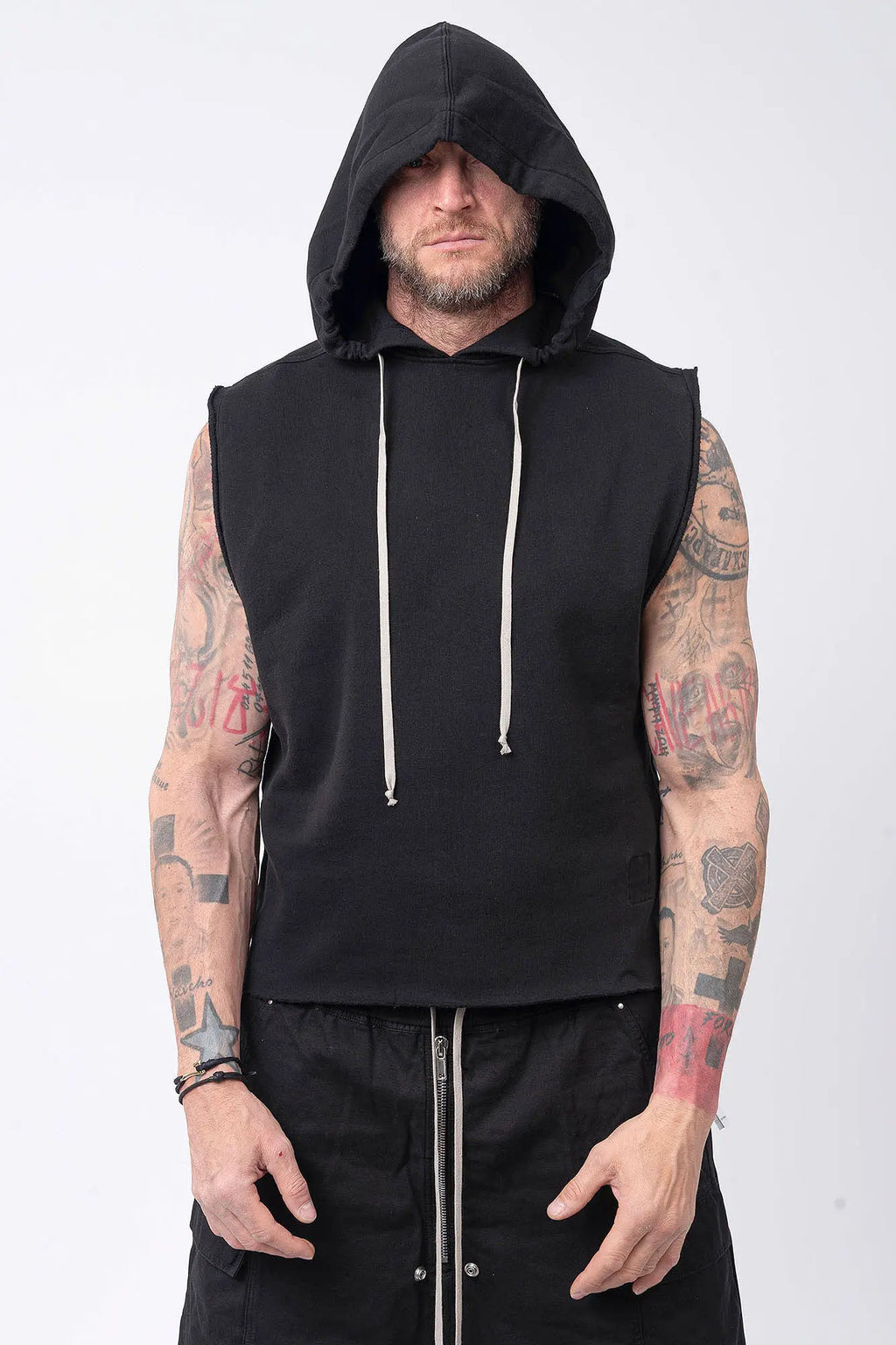 Rick Owens, Mens Temple Tunic,Hip Length,Sleeveless,Black Furka Heavy Sweatshirt Jersey,Large Hood With Drawstrings,Wide Square Body,Garment Dyed,GOTS Certified Organic Cotton,Front Portrait.