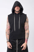 Rick Owens, Mens Temple Tunic,Hip Length,Sleeveless,Black Furka Heavy Sweatshirt Jersey,Large Hood With Drawstrings,Wide Square Body,Garment Dyed,GOTS Certified Organic Cotton,Front Portrait.