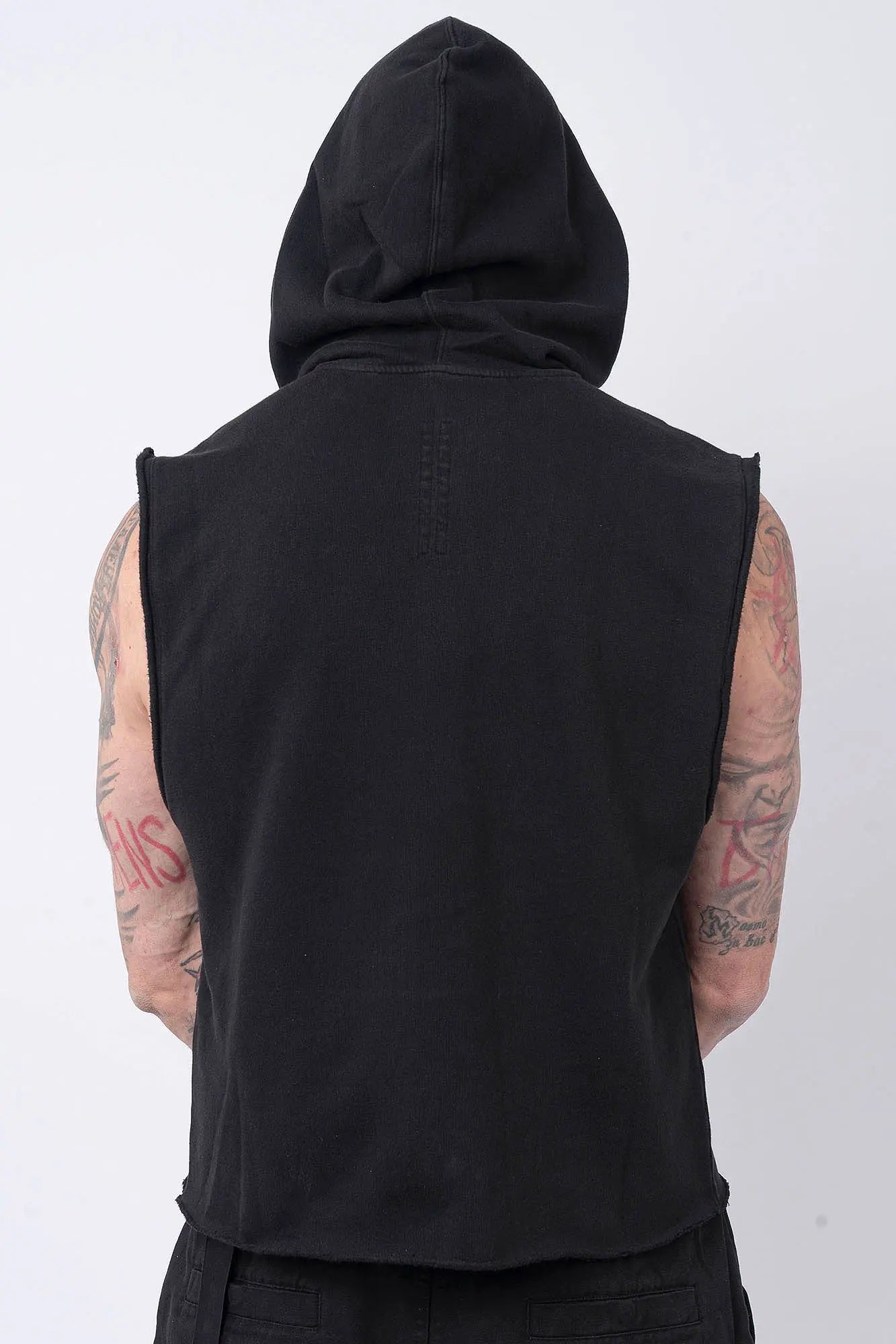 Rick Owens, Mens Temple Tunic,Hip Length,Sleeveless,Black Furka Heavy Sweatshirt Jersey,Large Hood With Drawstrings,Wide Square Body,Garment Dyed,GOTS Certified Organic Cotton,Back View.