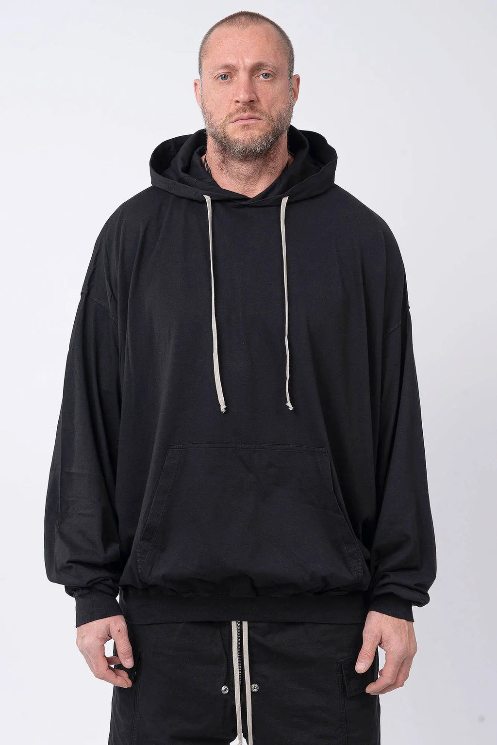 Rick Owens,Mens Hoodie, Cotton Jersey  Hoodie, Dropped Shoulders,Ribbed Cuffs And Hem, Kangaroo Pocket, Hood With Drawstrings, Oversized Fit,GOTS-Certified Organic Cotton Fleece Hoodie,Front Portrait.
