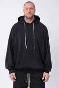Rick Owens,Mens Hoodie, Cotton Jersey  Hoodie, Dropped Shoulders,Ribbed Cuffs And Hem, Kangaroo Pocket, Hood With Drawstrings, Oversized Fit,GOTS-Certified Organic Cotton Fleece Hoodie,Front Portrait.