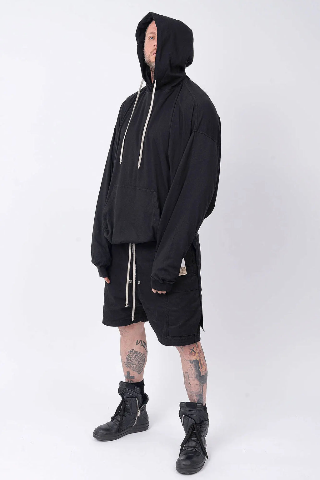 Rick Owens,Mens Hoodie, Cotton Jersey  Hoodie, Dropped Shoulders,Ribbed Cuffs And Hem, Kangaroo Pocket, Hood With Drawstrings, Oversized Fit,GOTS-Certified Organic Cotton Fleece Hoodie,Front View.