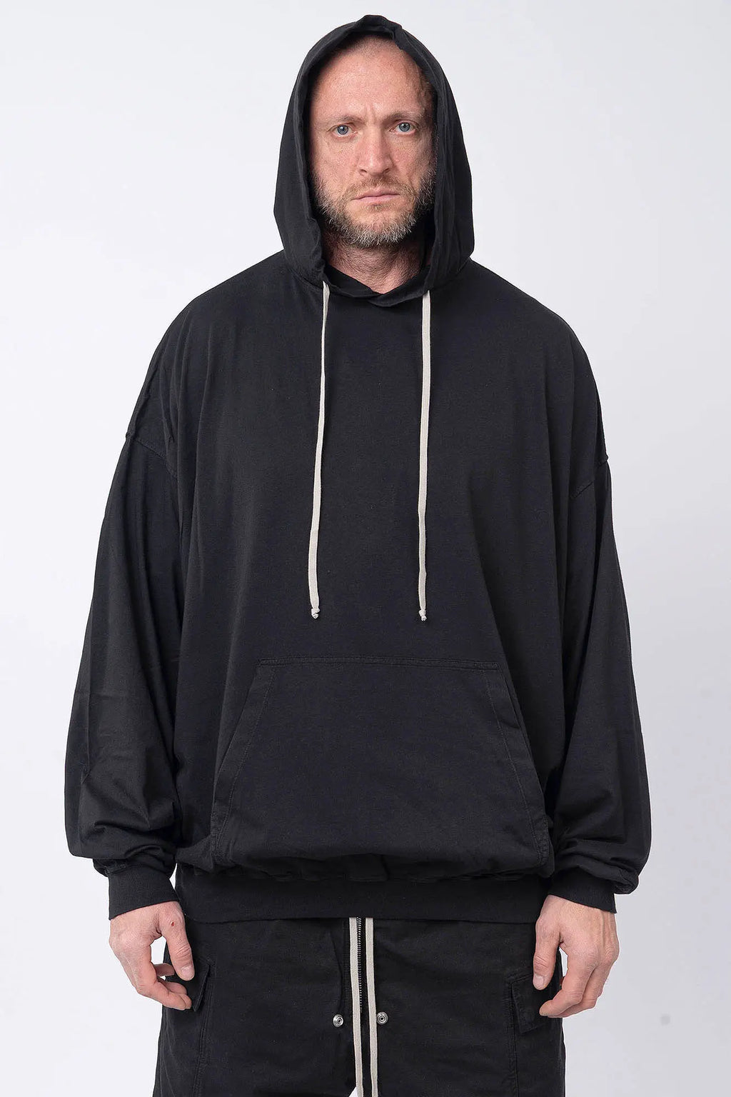 Rick Owens,Mens Hoodie, Cotton Jersey  Hoodie, Dropped Shoulders,Ribbed Cuffs And Hem, Kangaroo Pocket, Hood With Drawstrings, Oversized Fit,GOTS-Certified Organic Cotton Fleece Hoodie,Front Portrait.