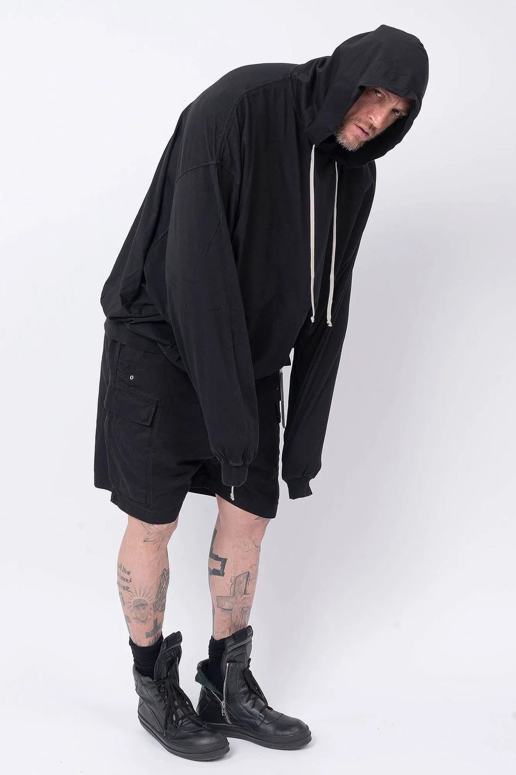 Rick Owens,Mens Hoodie, Cotton Jersey  Hoodie, Dropped Shoulders,Ribbed Cuffs And Hem, Kangaroo Pocket, Hood With Drawstrings, Oversized Fit,GOTS-Certified Organic Cotton Fleece Hoodie,Front View.