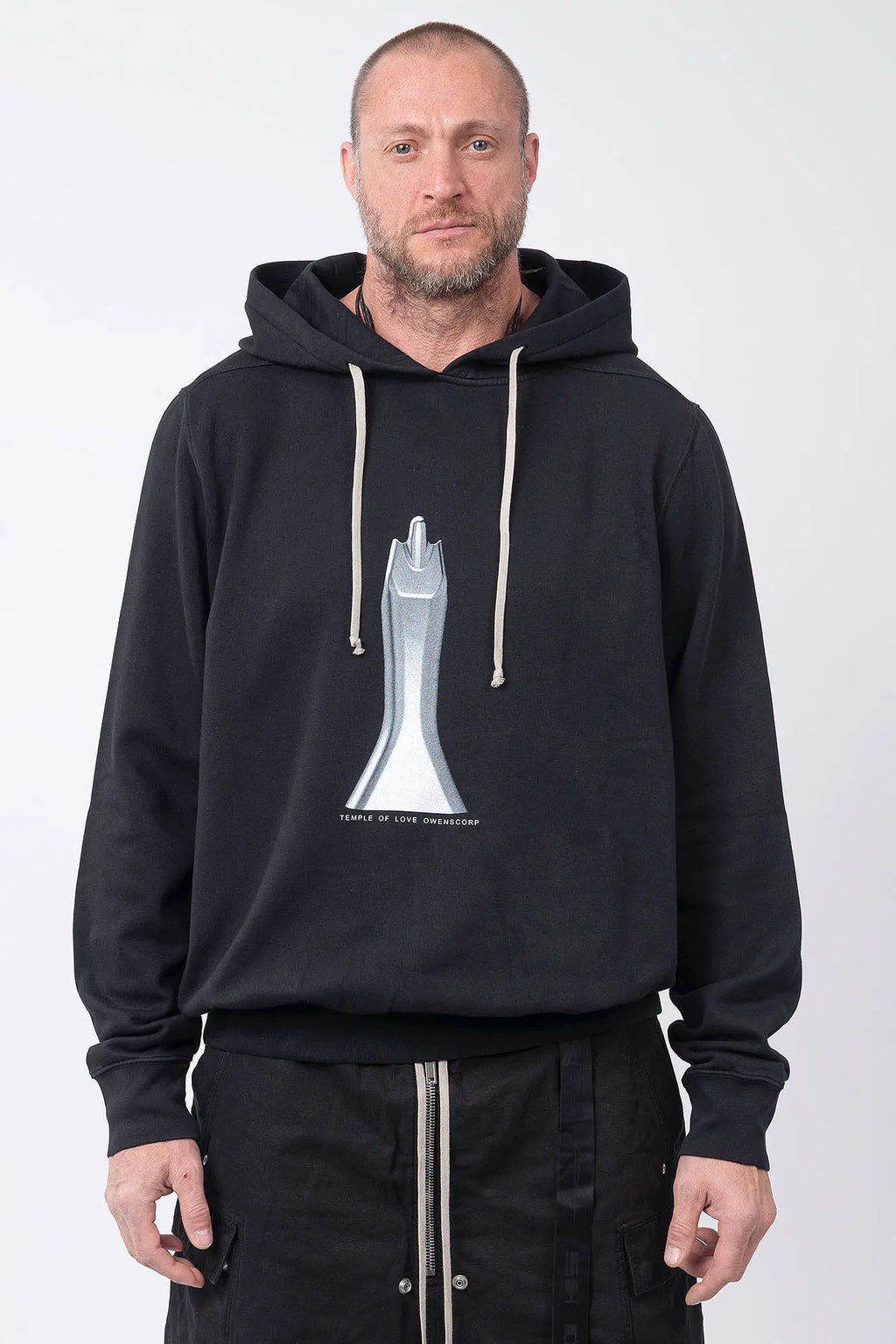 Rick Owens,Mens Hoodie,GOTS-Certified Organic Cotton Fleece Hoodie,Garment Dyed In Black,Hood With Drawstrings,Rib-Knit Hem And Cuffs,Central Ceam At Back,Temple of Love OWENSCORP Print,Saddle Shoulders,Front Portrait,