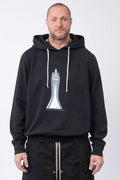 Rick Owens,Mens Hoodie,GOTS-Certified Organic Cotton Fleece Hoodie,Garment Dyed In Black,Hood With Drawstrings,Rib-Knit Hem And Cuffs,Central Ceam At Back,Temple of Love OWENSCORP Print,Saddle Shoulders,Front Portrait,