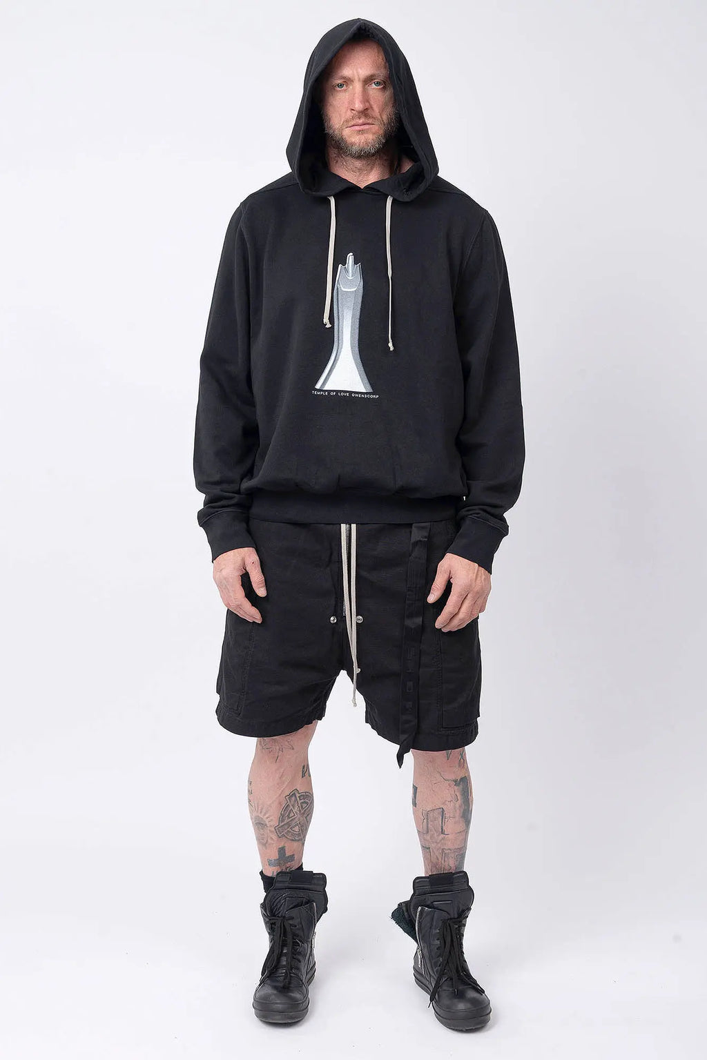 Rick Owens,Mens Hoodie,GOTS-Certified Organic Cotton Fleece Hoodie,Garment Dyed In Black,Hood With Drawstrings,Rib-Knit Hem And Cuffs,Central Ceam At Back,Temple of Love OWENSCORP Print,Saddle Shoulders,Front View.