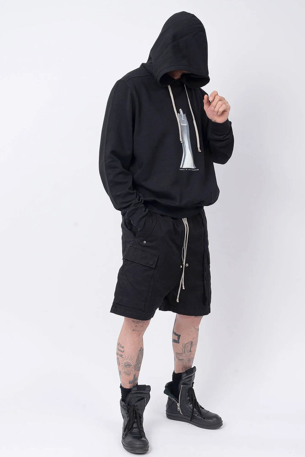 Rick Owens,Mens Hoodie,GOTS-Certified Organic Cotton Fleece Hoodie,Garment Dyed In Black,Hood With Drawstrings,Rib-Knit Hem And Cuffs,Central Ceam At Back,Temple of Love OWENSCORP Print,Saddle Shoulders,Front View.
