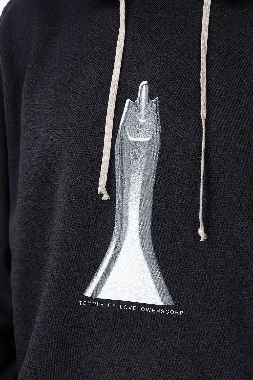 Rick Owens,Mens Hoodie,GOTS-Certified Organic Cotton Fleece Hoodie,Garment Dyed In Black,Hood With Drawstrings,Rib-Knit Hem And Cuffs,Central Ceam At Back,Temple of Love OWENSCORP Print,Saddle Shoulders,Detailed View Of The Print.
