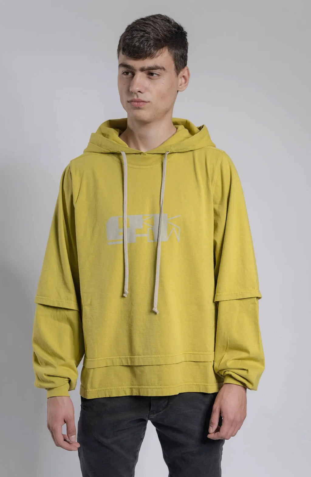 Rick Owens,Mens Hoodie,Long Sleeve Garment-Dyed Organic Cotton 
Jersey Hoodie,Layered Construction With Drawstring At Hood,Rib Knit Crewneck Collar And Cuffs,Central Seam At Back,Tonal Extended Webbing Trim On The Interior, Front Portrait.