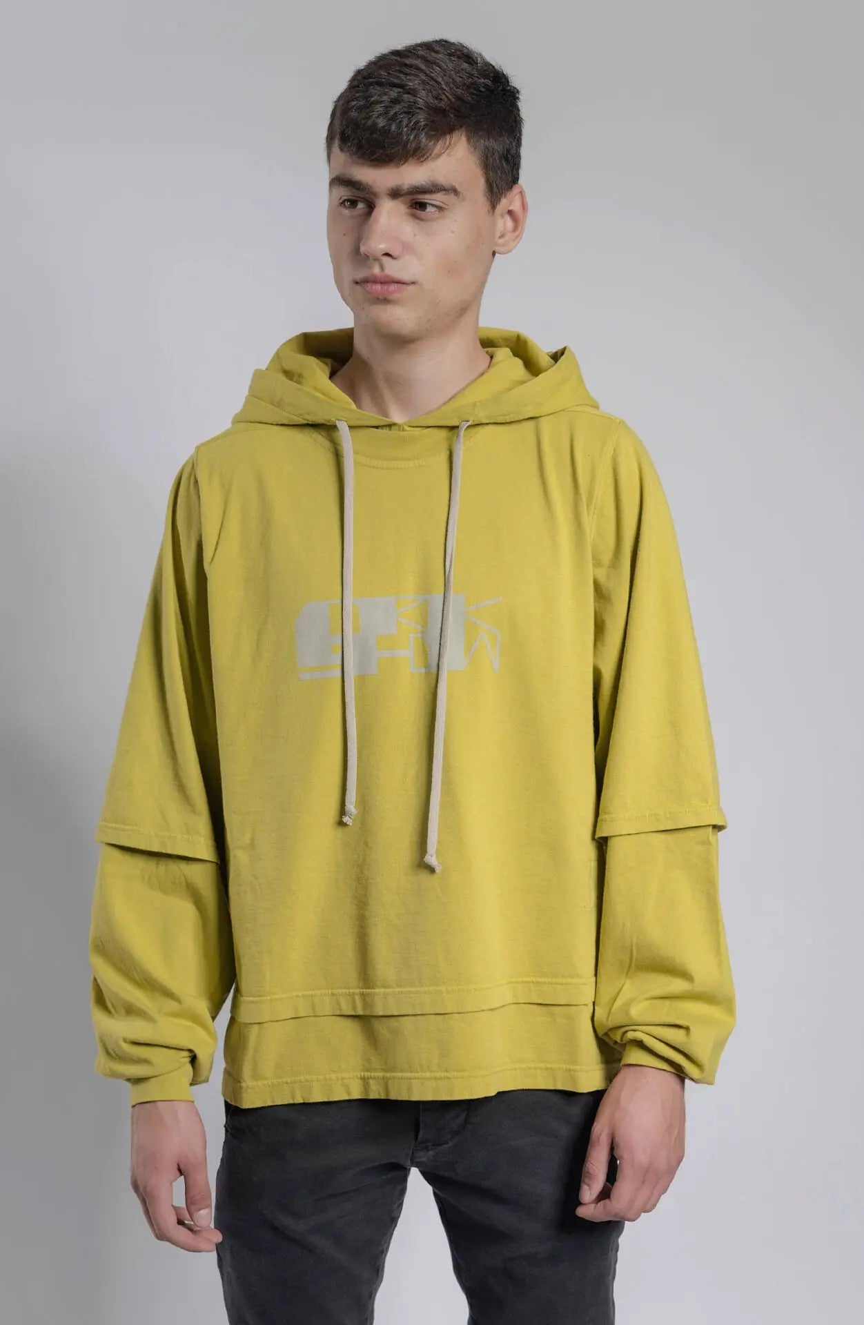 Rick Owens,Mens Hoodie,Long Sleeve Garment-Dyed Organic Cotton 
Jersey Hoodie,Layered Construction With Drawstring At Hood,Rib Knit Crewneck Collar And Cuffs,Central Seam At Back,Tonal Extended Webbing Trim On The Interior, Front Portrait.