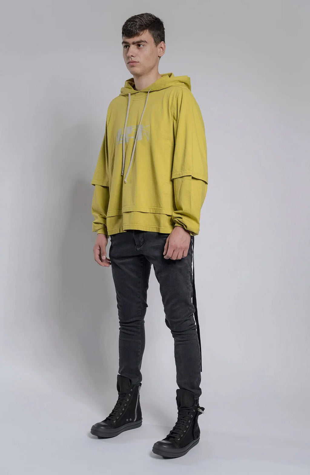 Rick Owens,Mens Hoodie,Long Sleeve Garment-Dyed Organic Cotton 
Jersey Hoodie,Layered Construction With Drawstring At Hood,Rib Knit Crewneck Collar And Cuffs,Central Seam At Back,Tonal Extended Webbing Trim On The Interior, Front View.