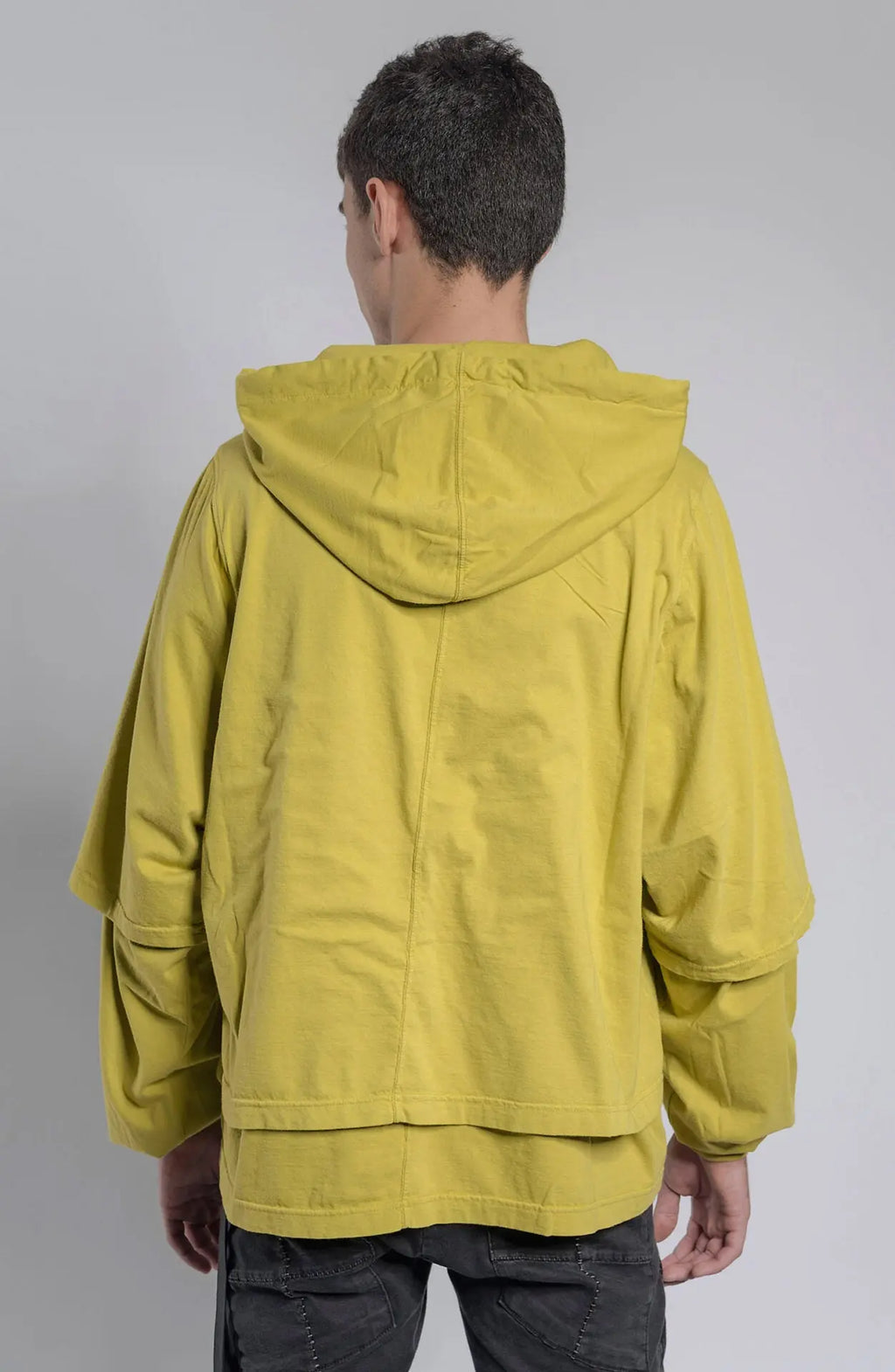 Rick Owens,Mens Hoodie,Long Sleeve Garment-Dyed Organic Cotton 
Jersey Hoodie,Layered Construction With Drawstring At Hood,Rib Knit Crewneck Collar And Cuffs,Central Seam At Back,Tonal Extended Webbing Trim On The Interior, Back View.
