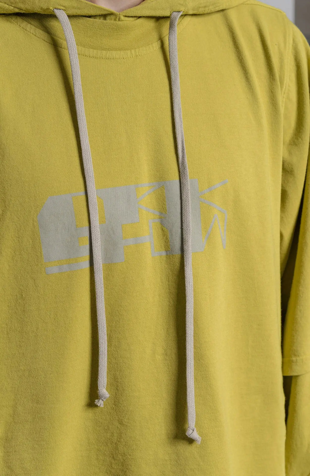 Rick Owens,Mens Hoodie,Long Sleeve Garment-Dyed Organic Cotton 
Jersey Hoodie,Layered Construction With Drawstring At Hood,Rib Knit Crewneck Collar And Cuffs,Central Seam At Back,Tonal Extended Webbing Trim On The Interior, Detailed Photo Of The Print.