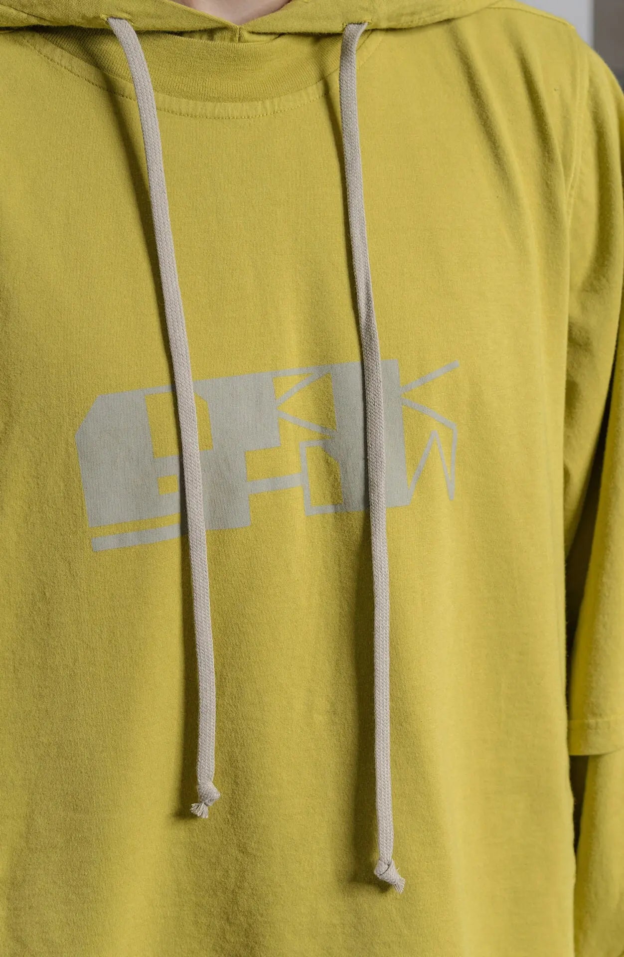 Rick Owens,Mens Hoodie,Long Sleeve Garment-Dyed Organic Cotton 
Jersey Hoodie,Layered Construction With Drawstring At Hood,Rib Knit Crewneck Collar And Cuffs,Central Seam At Back,Tonal Extended Webbing Trim On The Interior, Detailed Photo Of The Print.