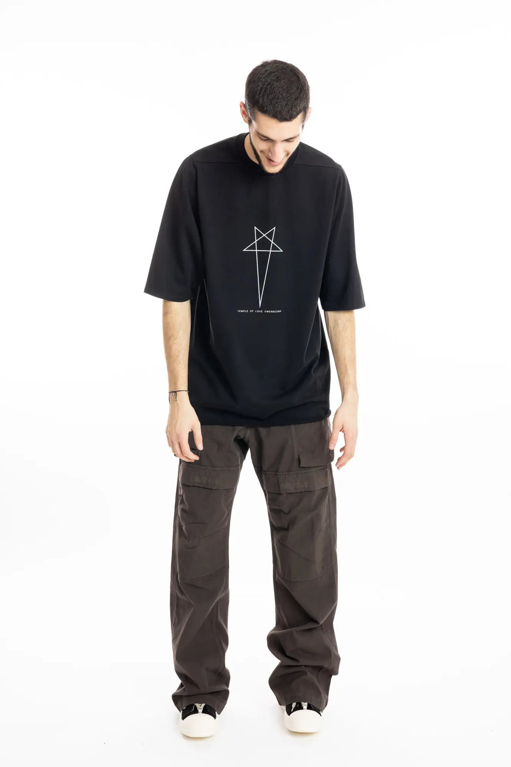 Rick Owens DRKSHDW T-Shirt , Mens T-shirt , Black Cotton , Organic Cotton , Garment Dyed , Pentagram Print On Front ,  Temple of Love OWENSCORP Print , Oversize Fit , Full Lenght Photo , Ribbed Crewneck , Below Hip Lenght , Elbow Lenght Short Sleeves , Signature Front Level  Shoulders Seams , Jumbo Short Sleeve T-Shirt , Full Lenght Photo