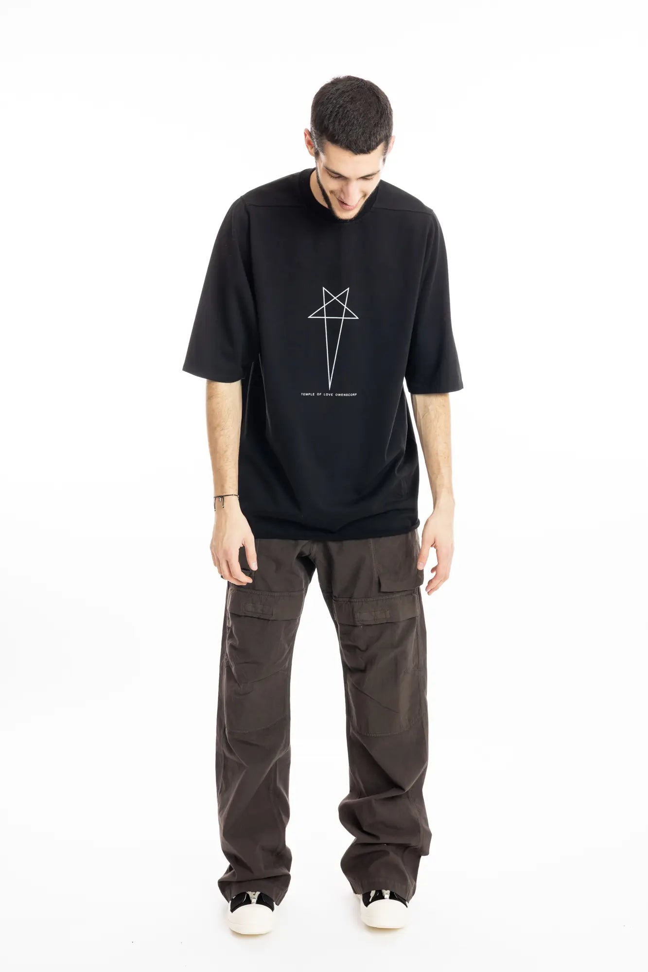 Rick Owens DRKSHDW T-Shirt , Mens T-shirt , Black Cotton , Organic Cotton , Garment Dyed , Pentagram Print On Front ,  Temple of Love OWENSCORP Print , Oversize Fit , Full Lenght Photo , Ribbed Crewneck , Below Hip Lenght , Elbow Lenght Short Sleeves , Signature Front Level  Shoulders Seams , Jumbo Short Sleeve T-Shirt , Full Lenght Photo