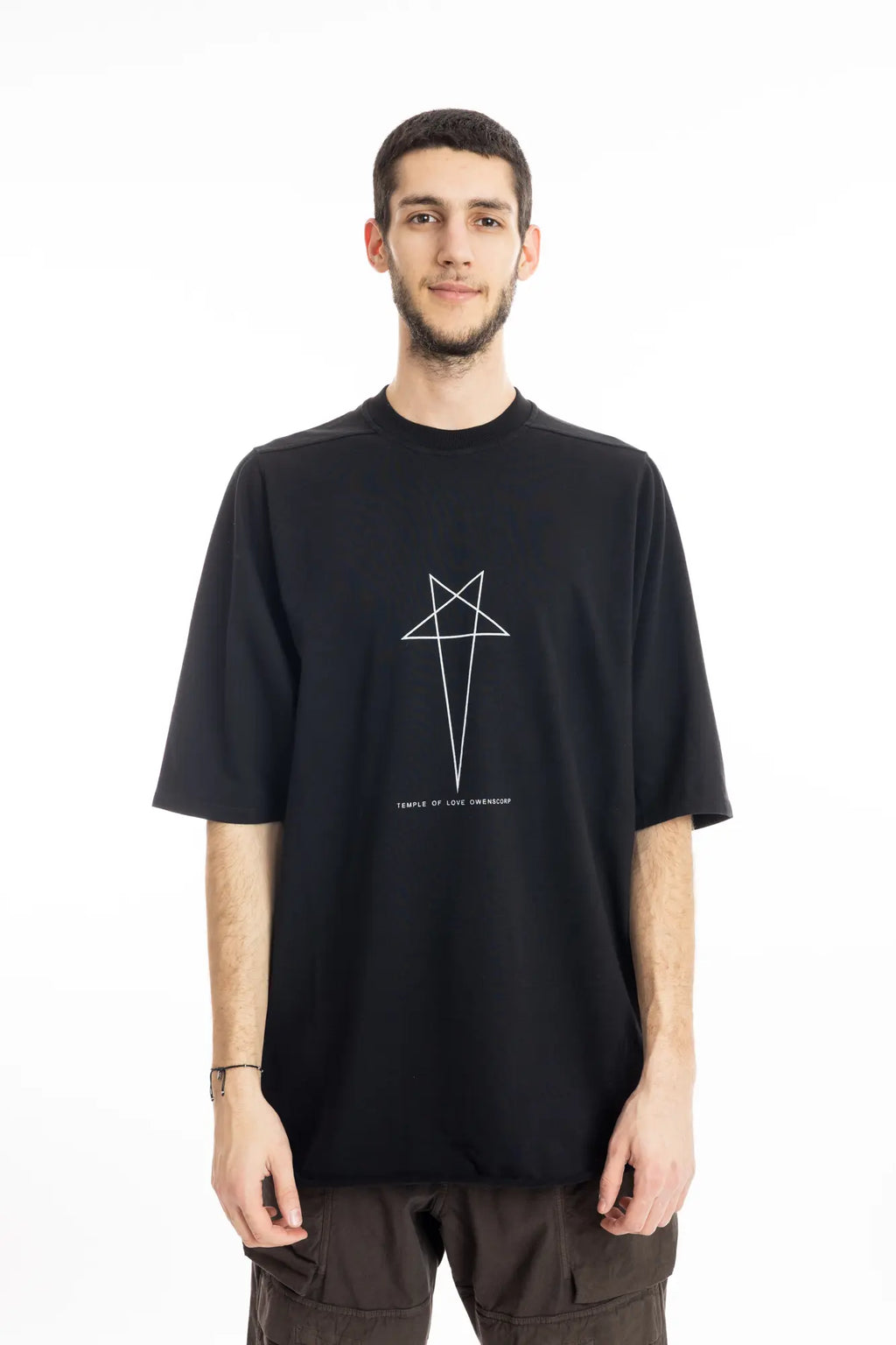 Rick Owens DRKSHDW T-Shirt , Mens T-shirt , Black Cotton , Organic Cotton , Garment Dyed , Pentagram Print On Front ,  Temple of Love OWENSCORP Print , Oversize Fit , Ribbed Crewneck , Below Hip Lenght , Elbow Lenght Short Sleeves , Signature Front Level  Shoulders Seams , Jumbo Short Sleeve T-Shirt , Half Body Photo