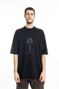 Rick Owens DRKSHDW T-Shirt , Mens T-shirt , Black Cotton , Organic Cotton , Garment Dyed , Pentagram Print On Front ,  Temple of Love OWENSCORP Print , Oversize Fit , Ribbed Crewneck , Below Hip Lenght , Elbow Lenght Short Sleeves , Signature Front Level  Shoulders Seams , Jumbo Short Sleeve T-Shirt , Half Body Photo