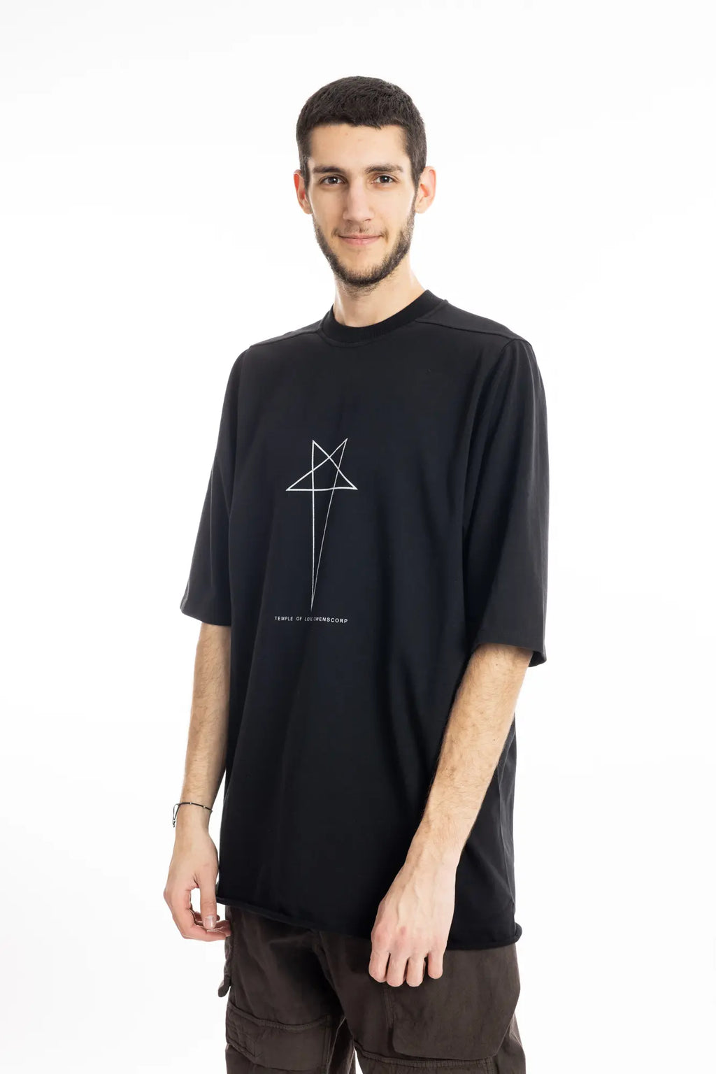 Rick Owens DRKSHDW T-Shirt , Mens T-shirt ,Black Cotton , Organic Cotton , Garment Dyed , Pentagram Print On Front ,  Temple of Love OWENSCORP Print , Oversize Fit , Full Lenght Photo , Ribbed Crewneck , Below Hip Lenght , Elbow Lenght Short Sleeves , Signature Front Level  Shoulders Seams , Jumbo Short Sleeve T-Shirt , Side Photo