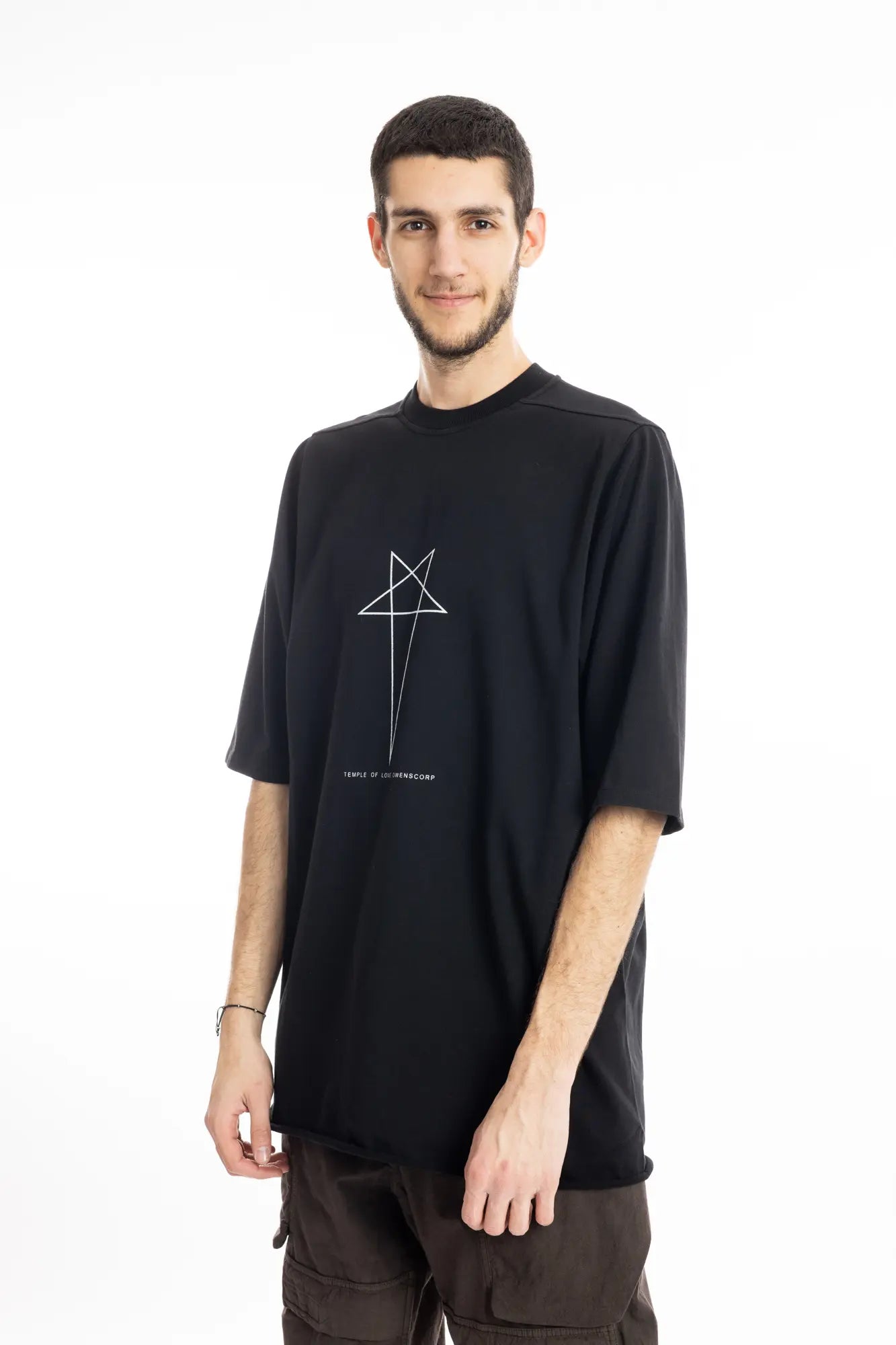 Rick Owens DRKSHDW T-Shirt , Mens T-shirt ,Black Cotton , Organic Cotton , Garment Dyed , Pentagram Print On Front ,  Temple of Love OWENSCORP Print , Oversize Fit , Full Lenght Photo , Ribbed Crewneck , Below Hip Lenght , Elbow Lenght Short Sleeves , Signature Front Level  Shoulders Seams , Jumbo Short Sleeve T-Shirt , Side Photo