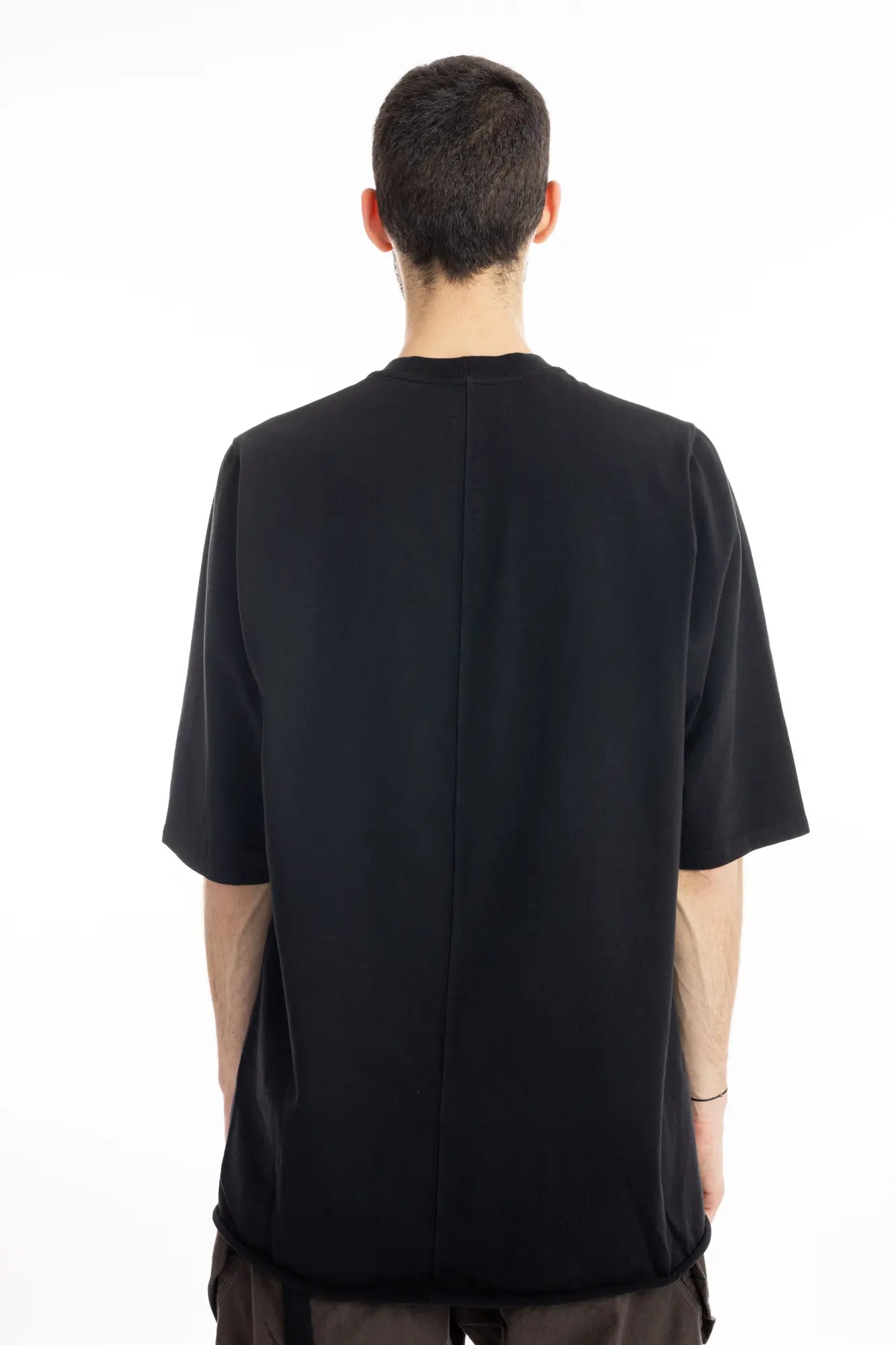 Rick Owens DRKSHDW T-Shirt , Mens T-shirt , Black Cotton , Organic Cotton , Garment Dyed ,  Oversize Fit , Ribbed Crewneck , Below Hip Lenght , Elbow Lenght Short Sleeves , Jumbo Short Sleeve T-Shirt , Centre Back Seam, Backside Photo