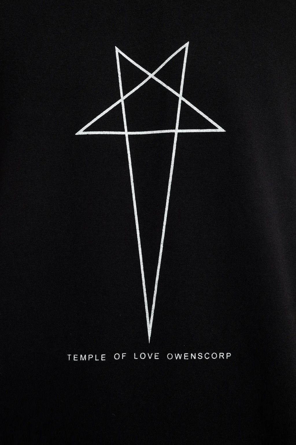 Rick Owens DRKSHDW Mens  T-Shirt , Jumbo Short Sleeve T-Shirt , Pentagram Graphic Print On Front  , Oversized Fit , Ribbed Crewneck , Below Hip Lenght , Elbow Lenght Short Sleeves , Signature Front Level Shoulder Seams , Temple of Love OWENSCORP Print , Black Cotton , Organic Cotton , Close Up Detailed Photo of the Print