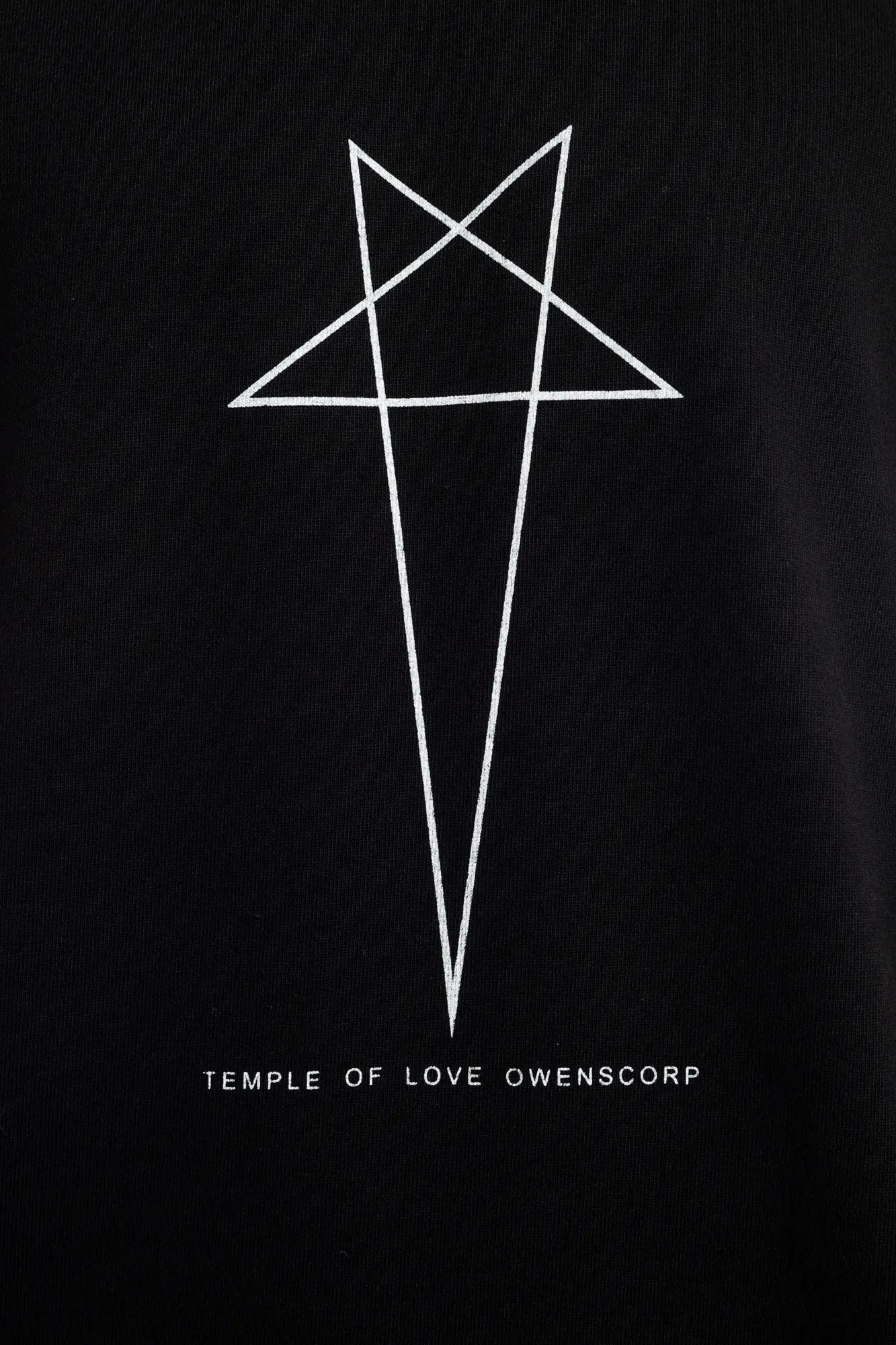 Rick Owens DRKSHDW Mens  T-Shirt , Jumbo Short Sleeve T-Shirt , Pentagram Graphic Print On Front  , Oversized Fit , Ribbed Crewneck , Below Hip Lenght , Elbow Lenght Short Sleeves , Signature Front Level Shoulder Seams , Temple of Love OWENSCORP Print , Black Cotton , Organic Cotton , Close Up Detailed Photo of the Print
