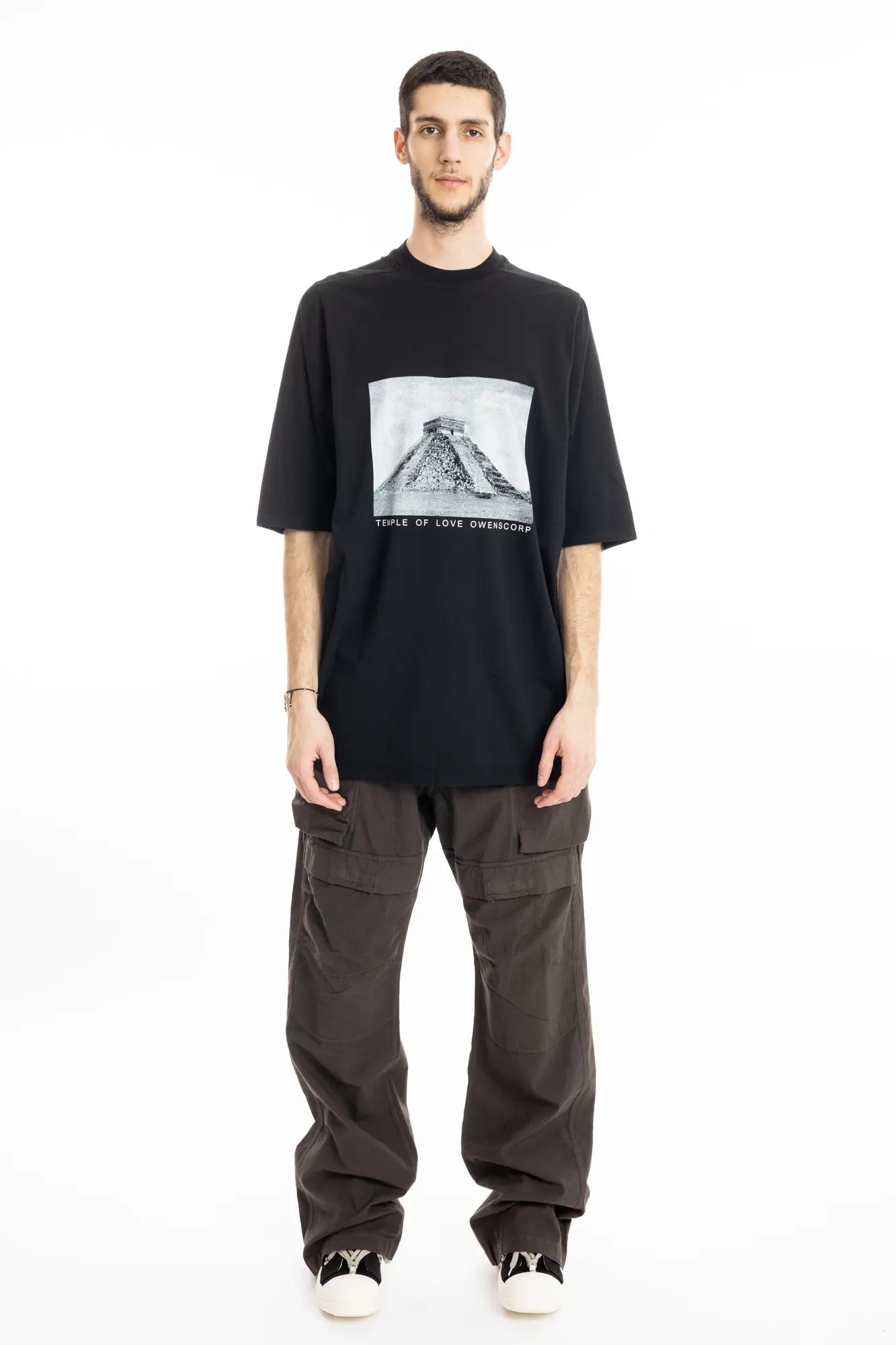 Rick Owens DRKSHDW T-Shirt , Mens T-shirt , Black Heavy Cotton , Pyramid Graphic Print On Front ,Organic Cotton ,  Oversize Fit , Temple of Love OWENSCORP Print , Full Lenght Photo , Ribbed Crewneck , Below Hip Lenght , Elbow Lenght Short Sleeves , Signature Front Level Shoulder Seams , Jumbo Short Sleeve T-Shirt