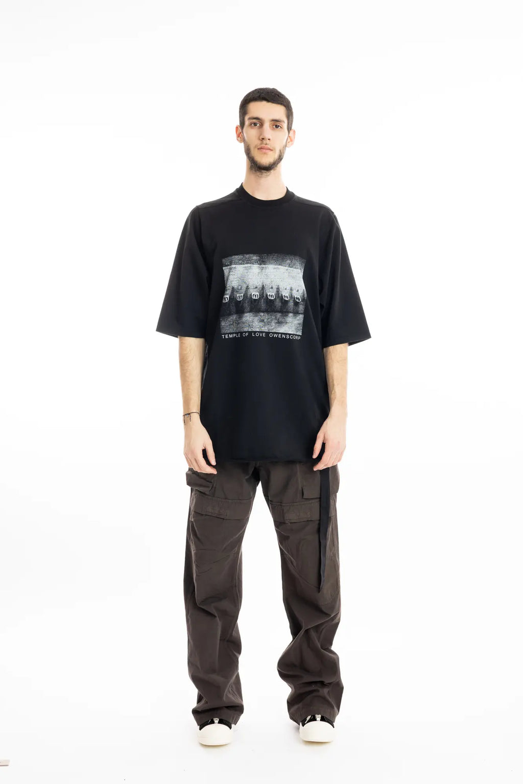 Rick Owens DRKSHDW T-Shirt , Mens T-Shirt , Organic Cotton , Oversize Fit , Black Heavy Cotton , Temple Of Love OWENSCORP Print on Front  , Full Lenght Photo , Ribbed Crewneck , Below Hip Lenght , Elbol Lenght Short Sleeves , Signature Front Shoulder Seams , Jumbo Short Sleeve T-Shirt 