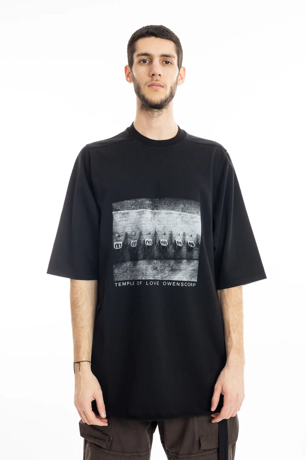 Rick Owens DRKSHDW Mens  T-Shirt , Jumbo Short Sleeve T-Shirt , Oversized Fit , Ribbed Crewneck , Below Hip Lenght , Elbow Lenght Short Sleeves , Signature Front Level Shoulder Seams , Temple of Love OWENSCORP Print , Black Heavy Cotton , Organic Cotton , Half Body Photo