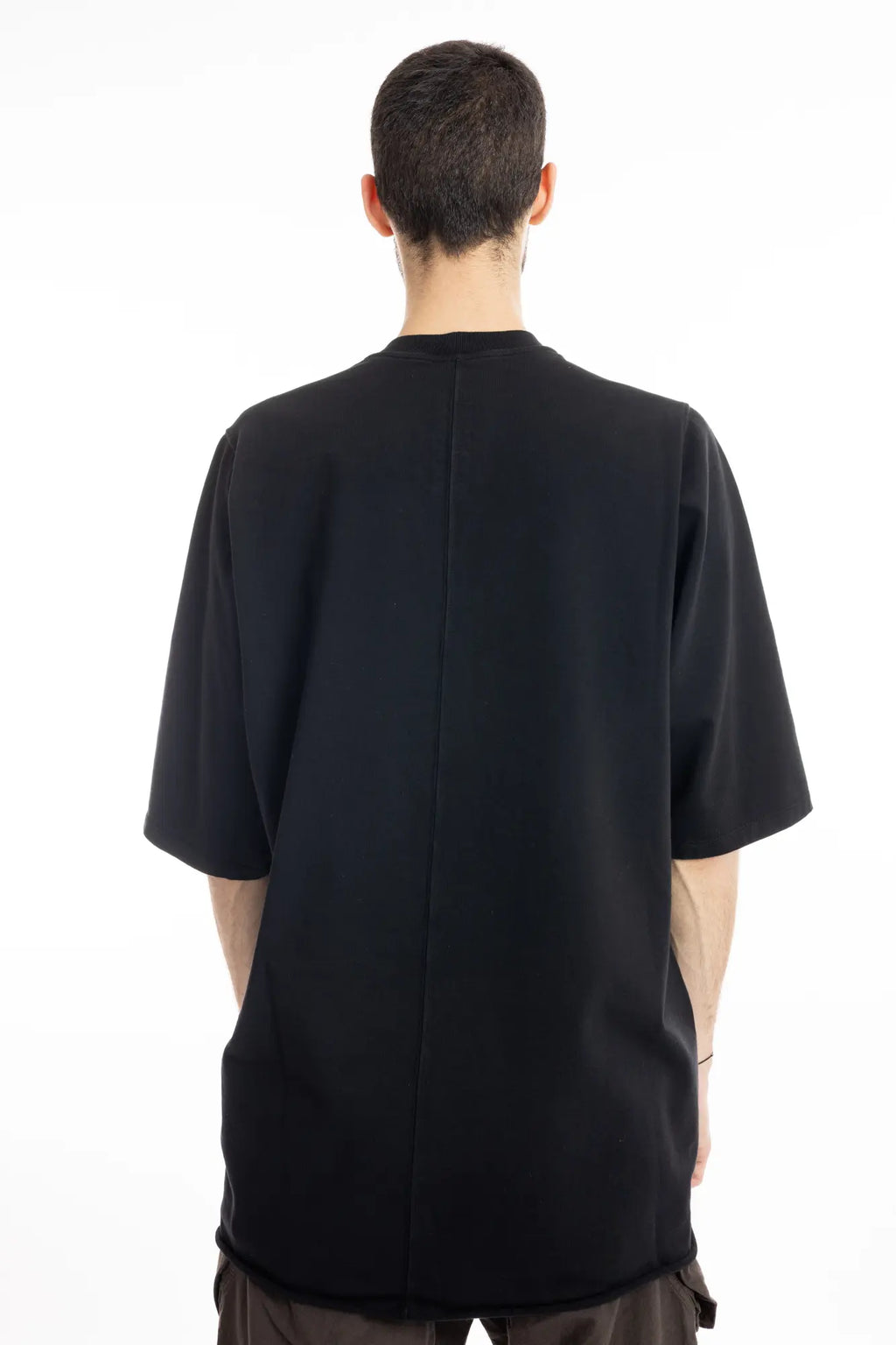 Rick Owens DRKSHDW Mens  T-Shirt , Jumbo Short Sleeve T-Shirt  , Oversized Fit , Ribbed Crewneck , Below Hip Lenght , Elbow Lenght Short Sleeves , Centre Back Seam , Black Heavy Cotton , Organic Cotton, Backside Photo