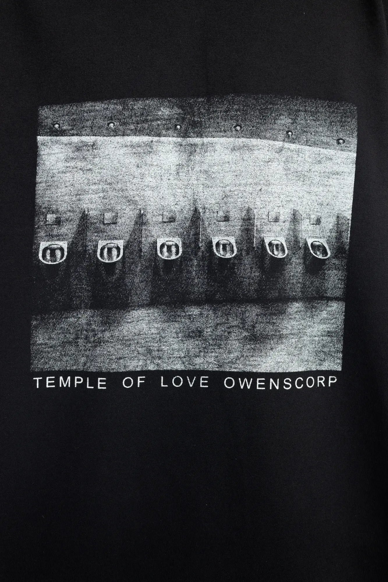 Rick Owens DRKSHDW Mens  T-Shirt , Jumbo Short Sleeve T-Shirt , Oversized Fit , Ribbed Crewneck , Below Hip Lenght , Elbow Lenght Short Sleeves , Signature Front Level Shoulder Seams , Temple of Love OWENSCORP Print , Black Heavy Cotton , Organic Cotton , Close Up Detailed Photo of the Print