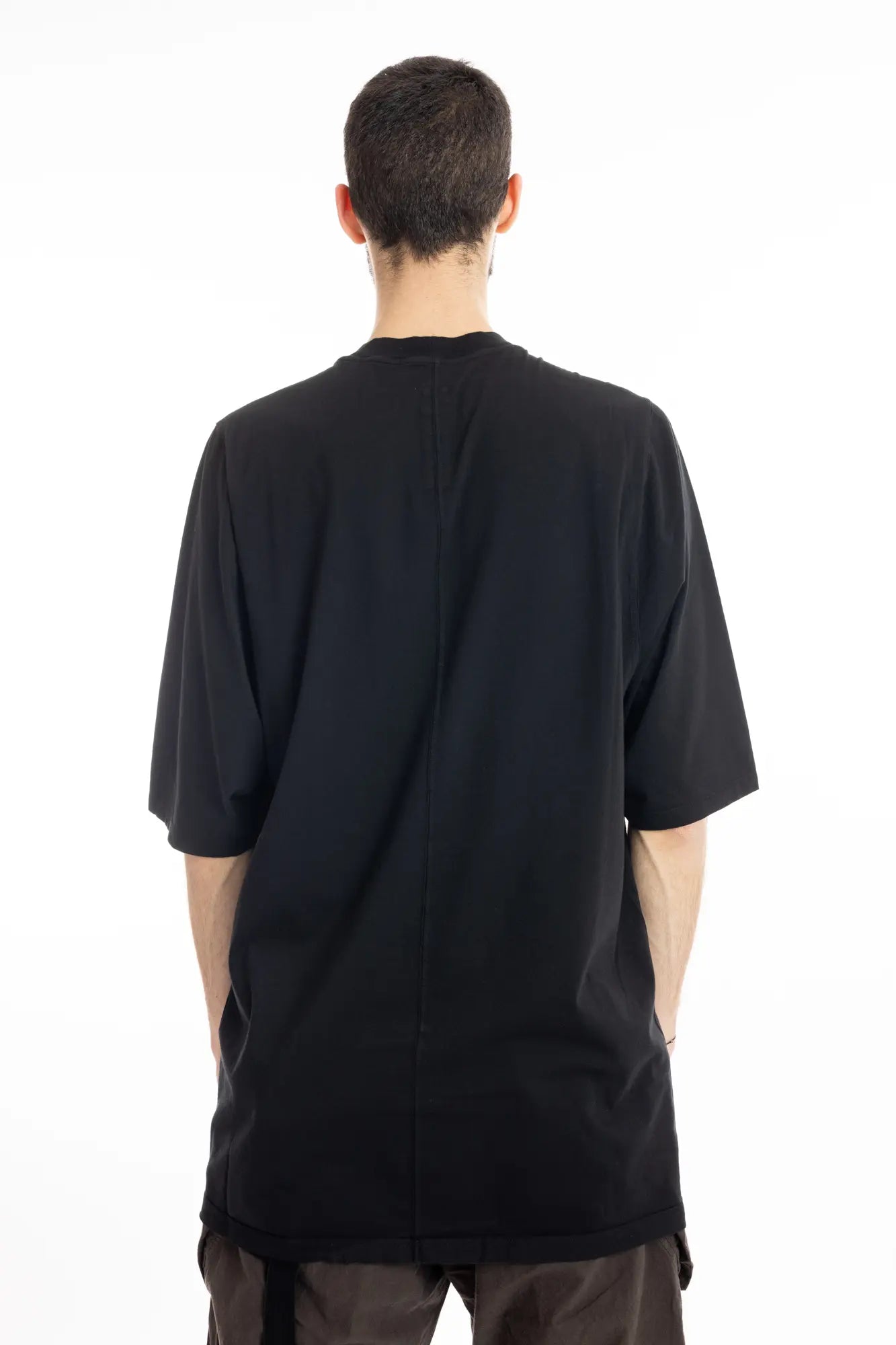 Rick Owens DRKSHDW Mens  T-Shirt , Jumbo Short Sleeve T-Shirt  , Oversized Fit , Ribbed Crewneck , Below Hip Lenght , Elbow Lenght Short Sleeves , Centre Back Seam , Black Heavy Cotton , Organic Cotton, Backside Photo