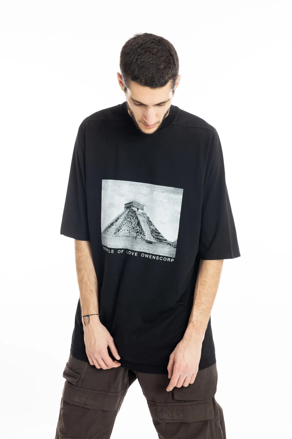 Rick Owens DRKSHDW Mens  T-Shirt , Jumbo Short Sleeve T-Shirt , Pyramid Graphic Print On Front  , Oversized Fit , Ribbed Crewneck , Below Hip Lenght , Elbow Lenght Short Sleeves , Signature Front Level Shoulder Seams , Temple of Love OWENSCORP Print , Black Heavy Cotton , Organic Cotton , High Angle Photo