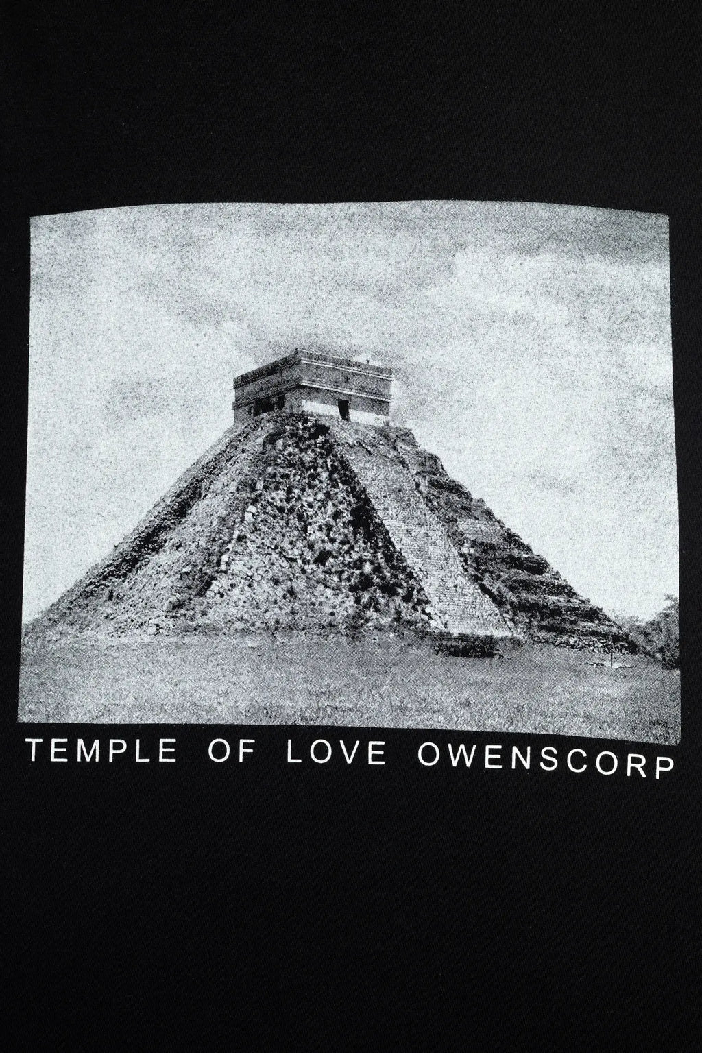 Rick Owens DRKSHDW Mens  T-Shirt , Jumbo Short Sleeve T-Shirt , Pyramid Graphic Print On Front  , Oversized Fit , Ribbed Crewneck , Below Hip Lenght , Elbow Lenght Short Sleeves , Signature Front Level Shoulder Seams , Temple of Love OWENSCORP Print , Black Heavy Cotton , Organic Cotton , Close Up Detailed Photo of the Print
