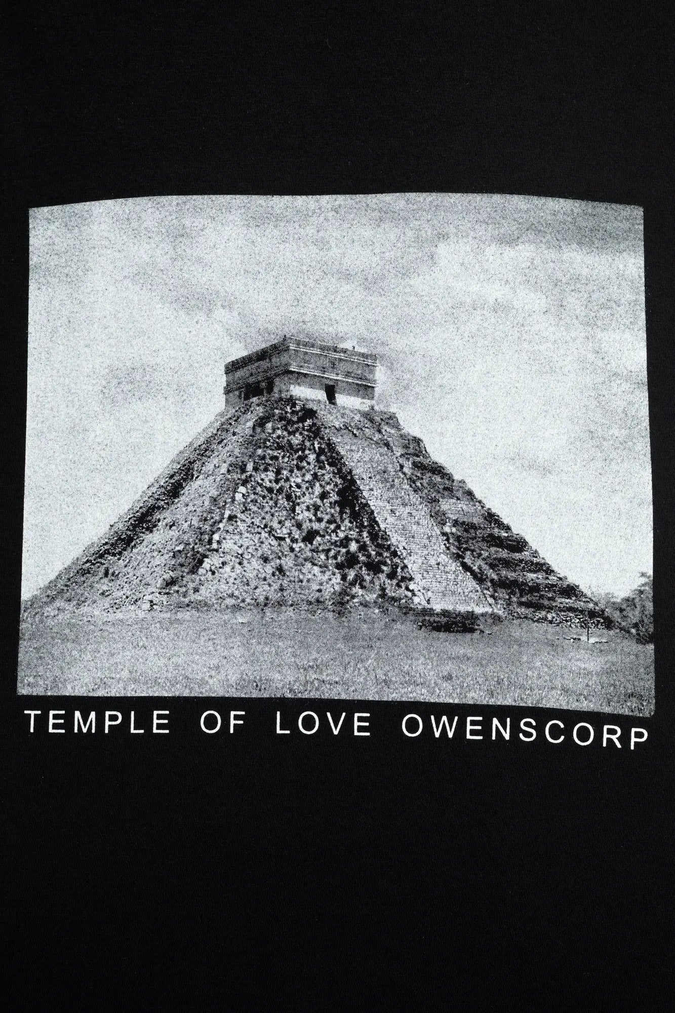 Rick Owens DRKSHDW Mens  T-Shirt , Jumbo Short Sleeve T-Shirt , Pyramid Graphic Print On Front  , Oversized Fit , Ribbed Crewneck , Below Hip Lenght , Elbow Lenght Short Sleeves , Signature Front Level Shoulder Seams , Temple of Love OWENSCORP Print , Black Heavy Cotton , Organic Cotton , Close Up Detailed Photo of the Print