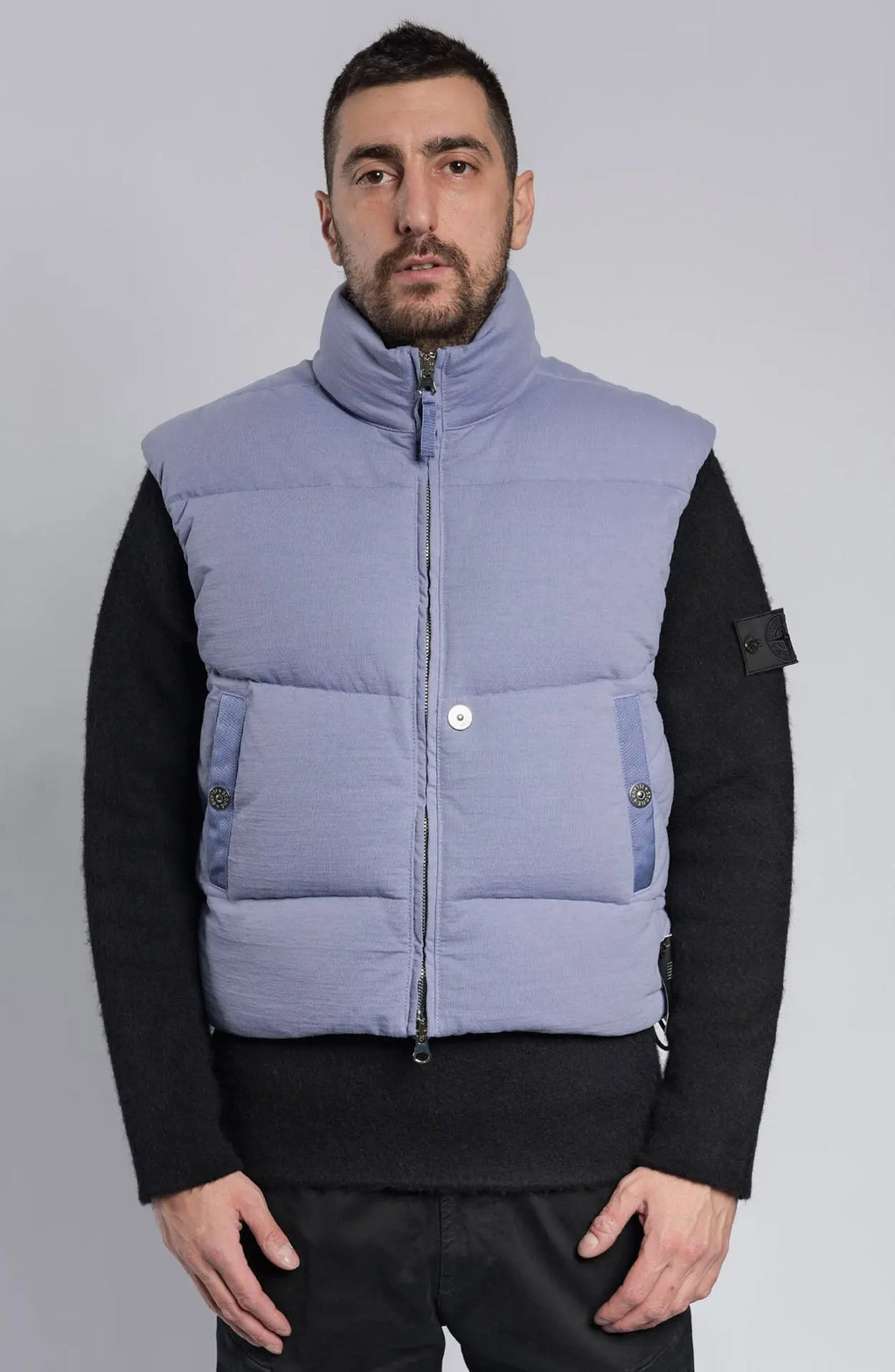Stone Island, Male, Masculine, Light Blue, Yarn Dyed, Shadow Project Nylon Down Vest, Front View Photograph. 