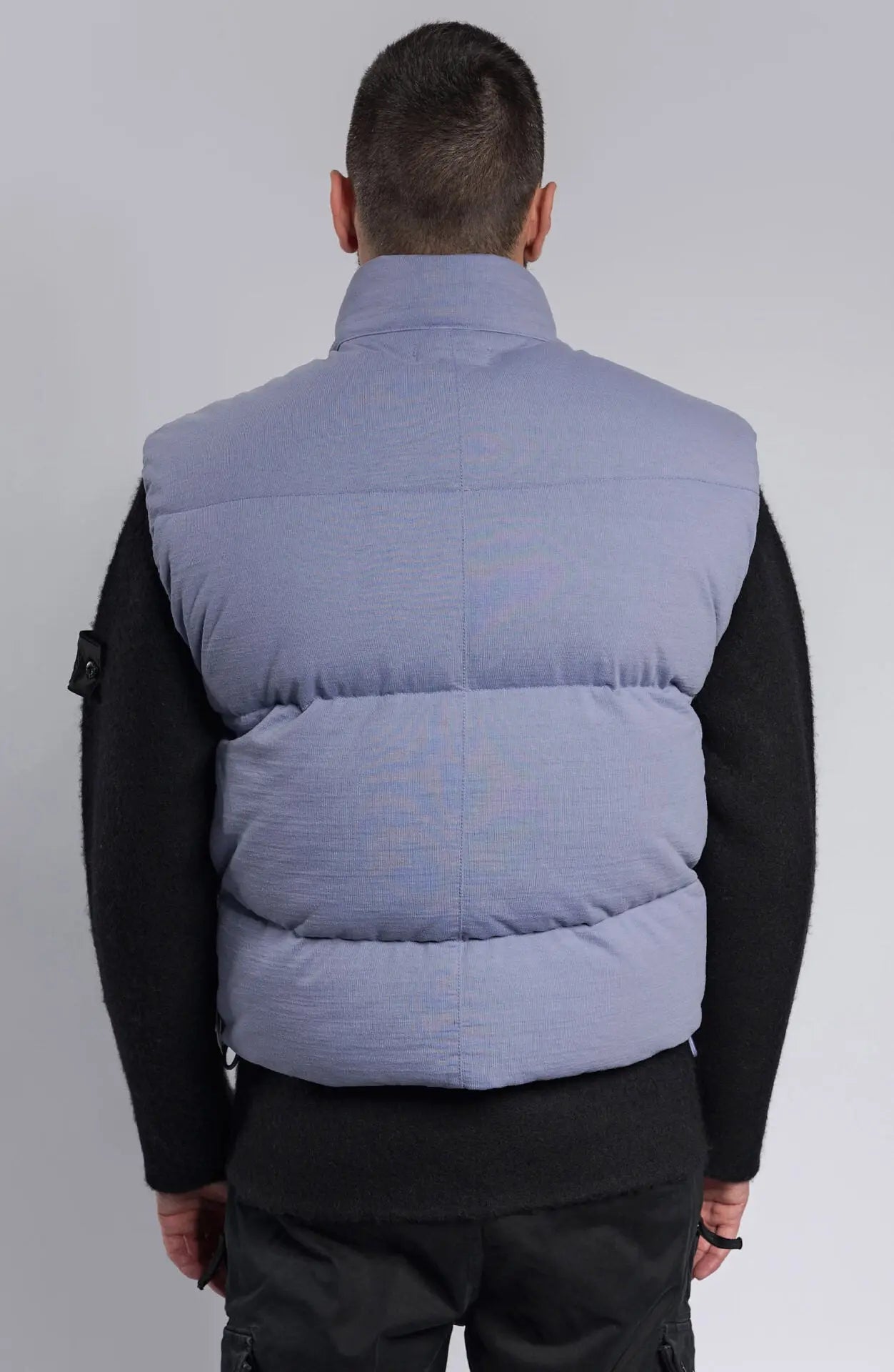 Stone Island, Male, Masculine, Light Blue, Yarn Dyed, Shadow Project Nylon Down Vest, Backshot Photograph. 