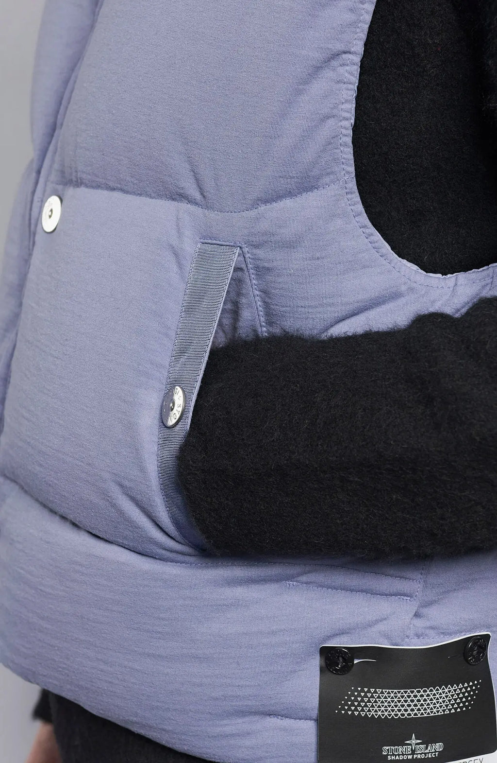 Stone Island, Male, Masculine, Light Blue, Yarn Dyed, Shadow Project Nylon Down Vest, Close-up details photograph. 